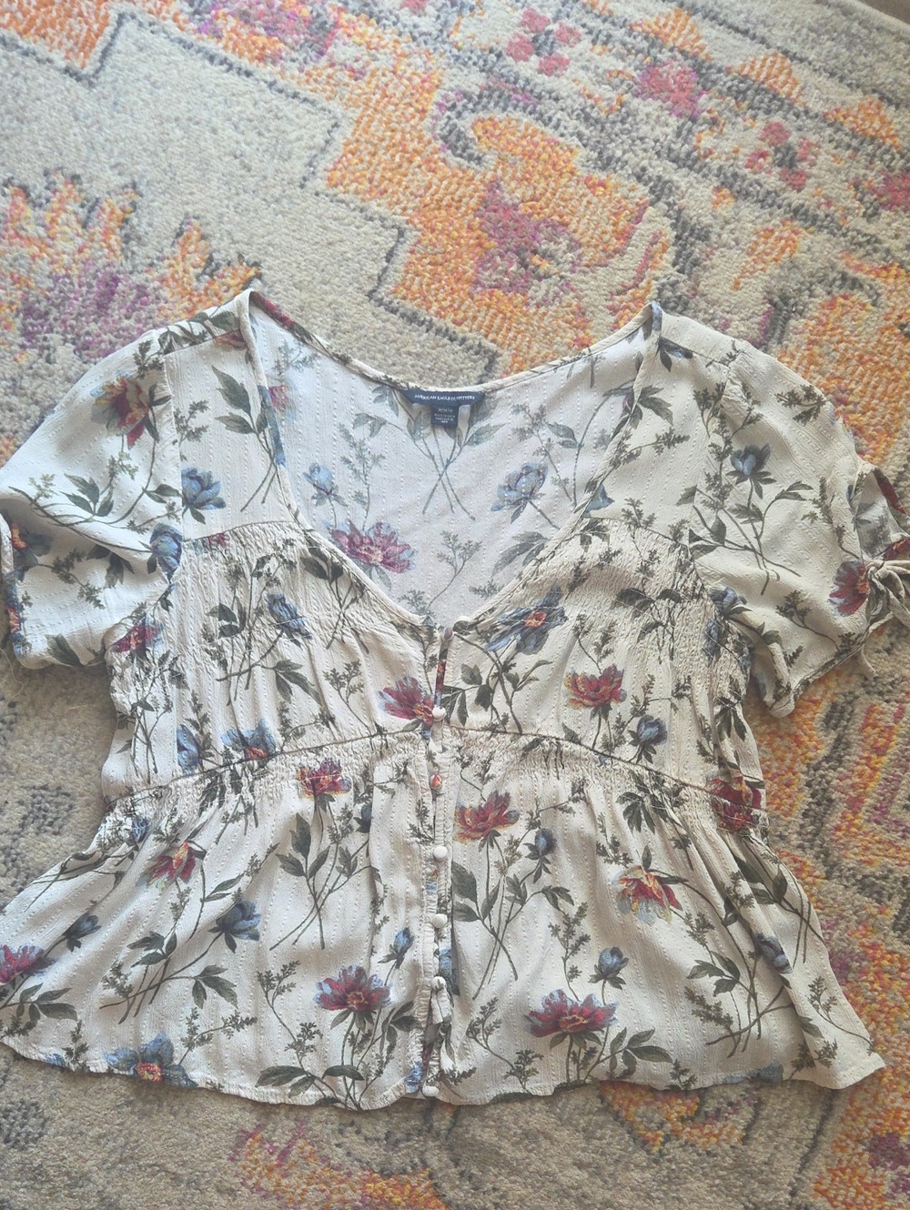 American Eagle Floral Cream Peplum Button Top Medium